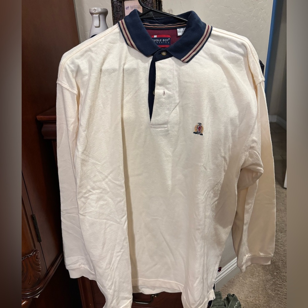 Bugle Boy Cream Long Sleeve Polo with Navy Trim